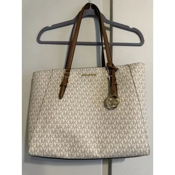 MICHAEL KORS CHARLOTTE LG 3 IN 1 TOTE SHOULDER BAG + CLUTCH MK VANILLA/BROWN - Picture 1 of 13